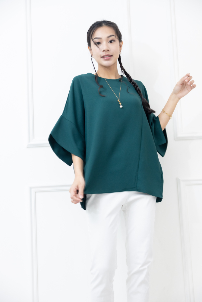 반팔 袖子開衩素色雪紡上衣 / 綠色