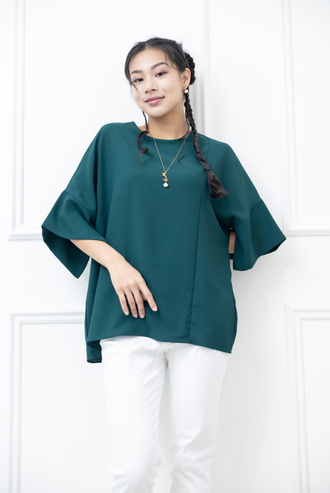 반팔 袖子開衩素色雪紡上衣 / 綠色