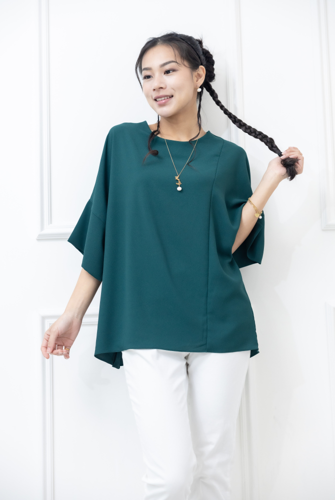 반팔 袖子開衩素色雪紡上衣 / 綠色