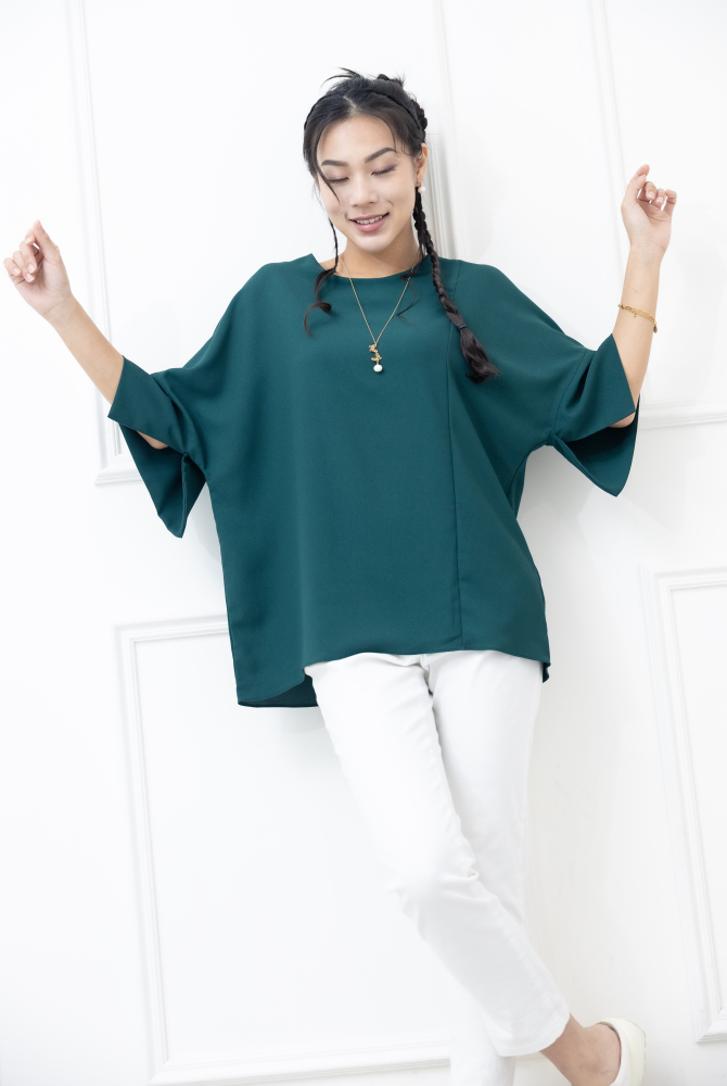 반팔 袖子開衩素色雪紡上衣 / 綠色