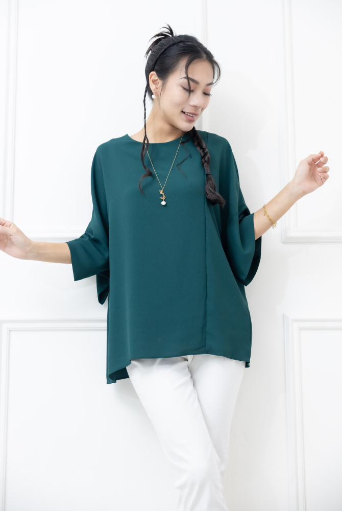 반팔 袖子開衩素色雪紡上衣 / 綠色