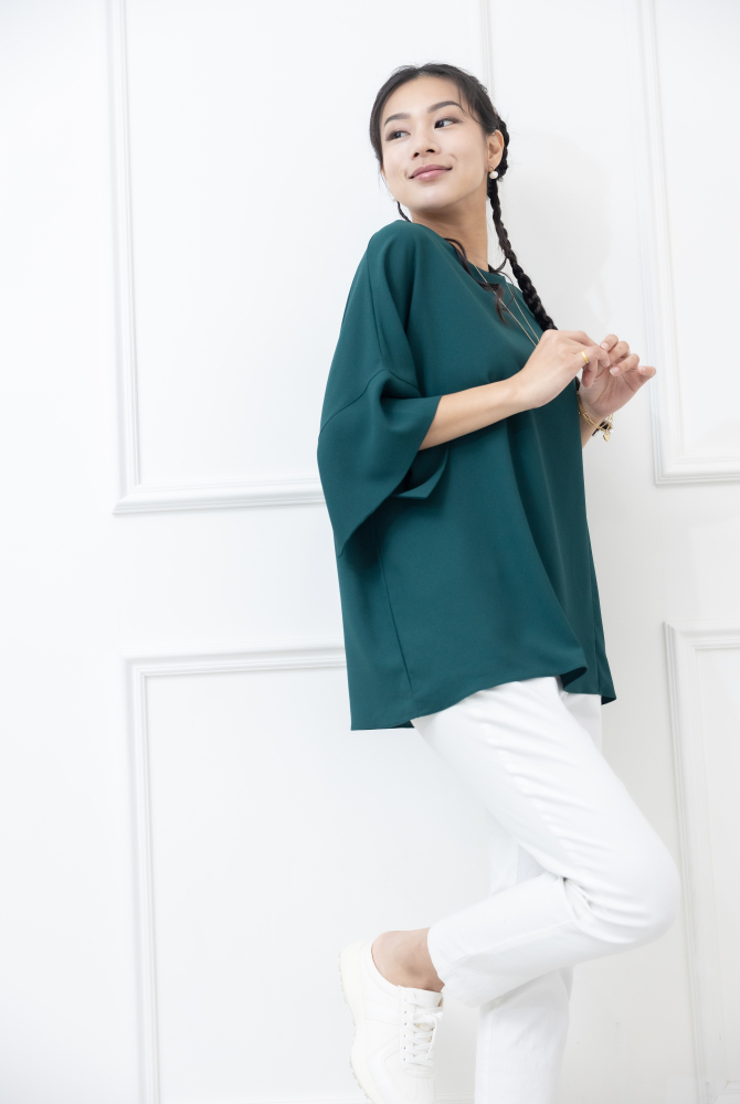 반팔 袖子開衩素色雪紡上衣 / 綠色