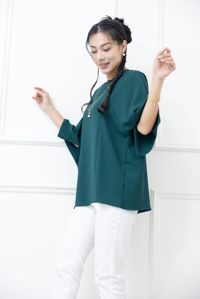 반팔 袖子開衩素色雪紡上衣 / 綠色