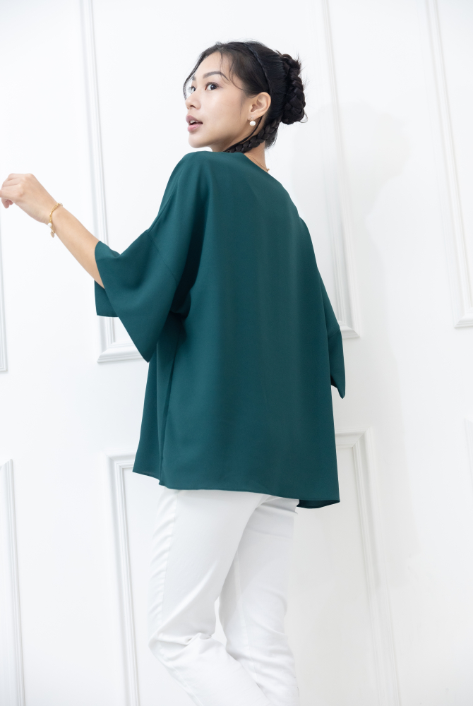 반팔 袖子開衩素色雪紡上衣 / 綠色