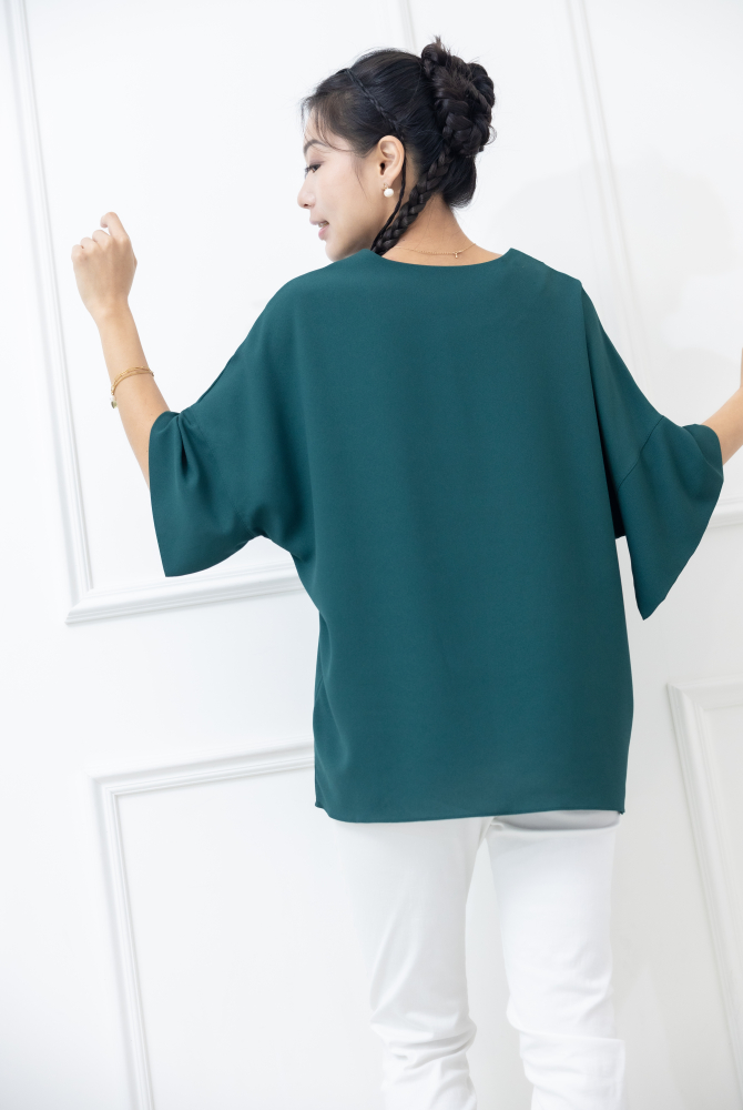 반팔 袖子開衩素色雪紡上衣 / 綠色