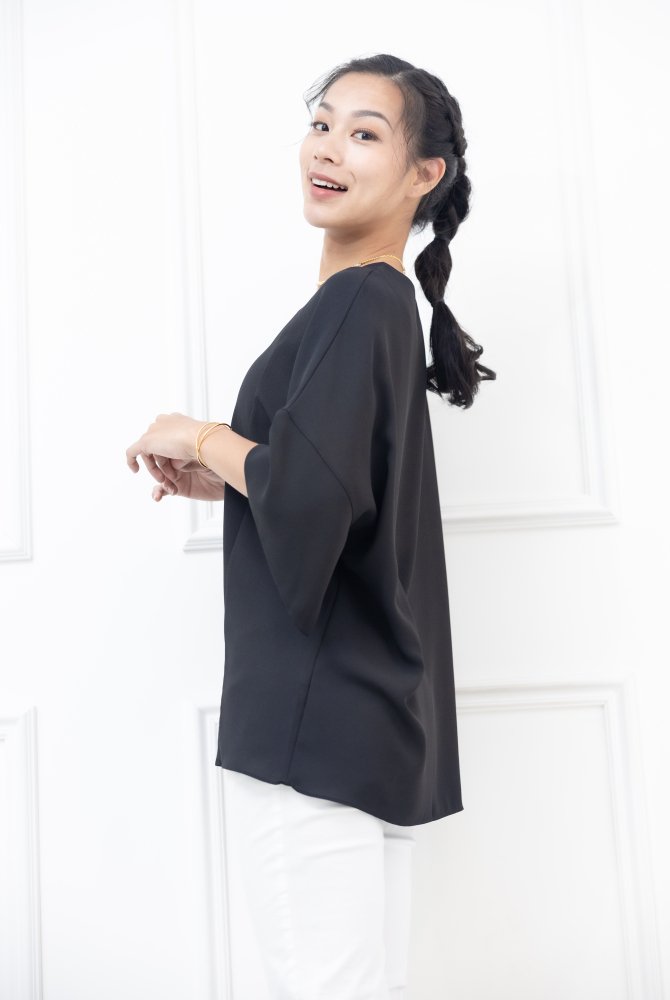 반팔 袖子開衩素色雪紡上衣 / 黑色