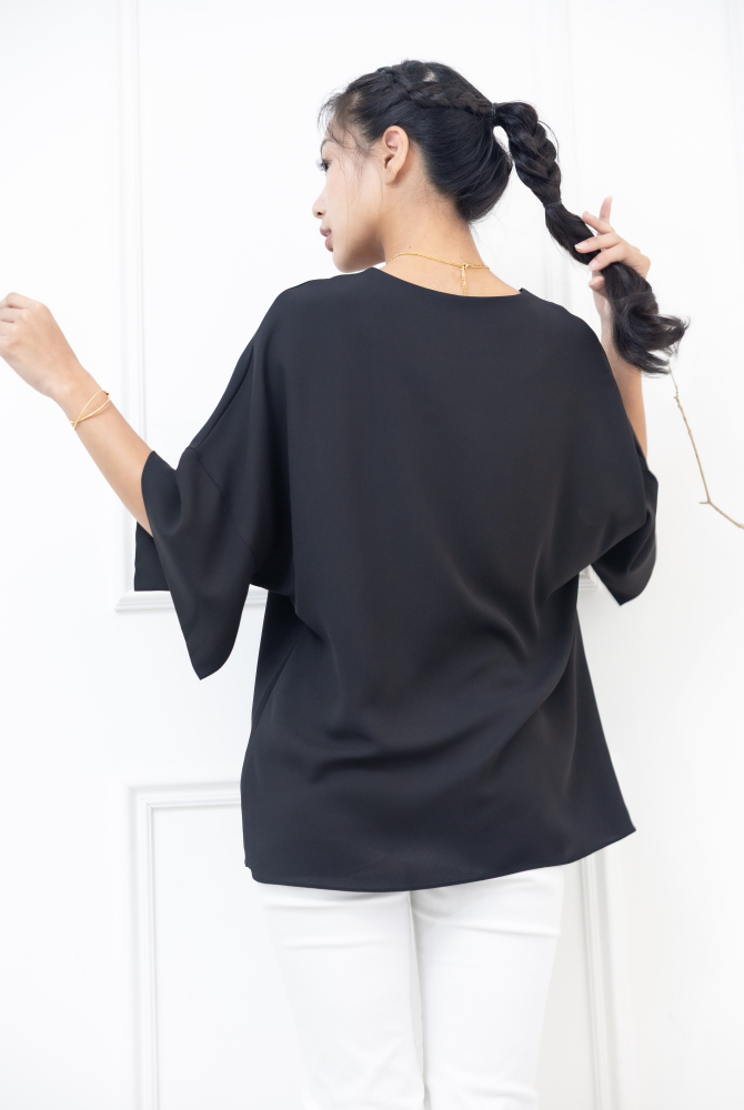 반팔 袖子開衩素色雪紡上衣 / 黑色