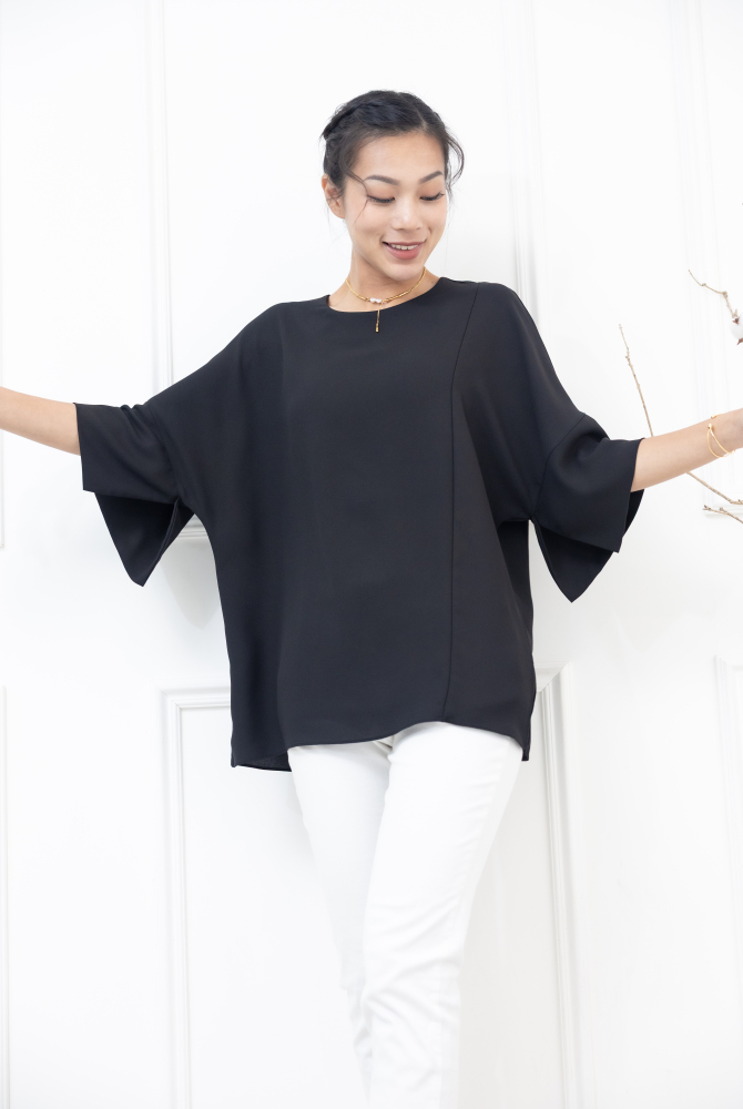 반팔 袖子開衩素色雪紡上衣 / 黑色