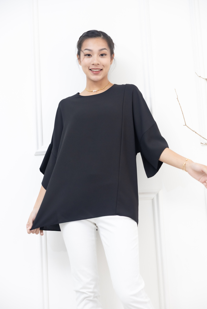 반팔 袖子開衩素色雪紡上衣 / 黑色