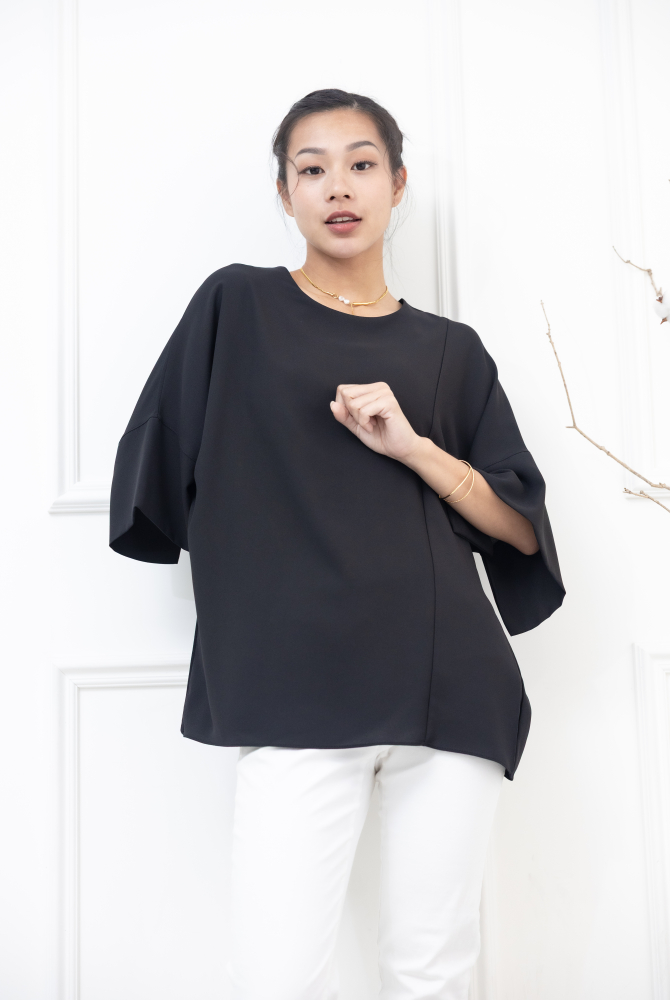반팔 袖子開衩素色雪紡上衣 / 黑色