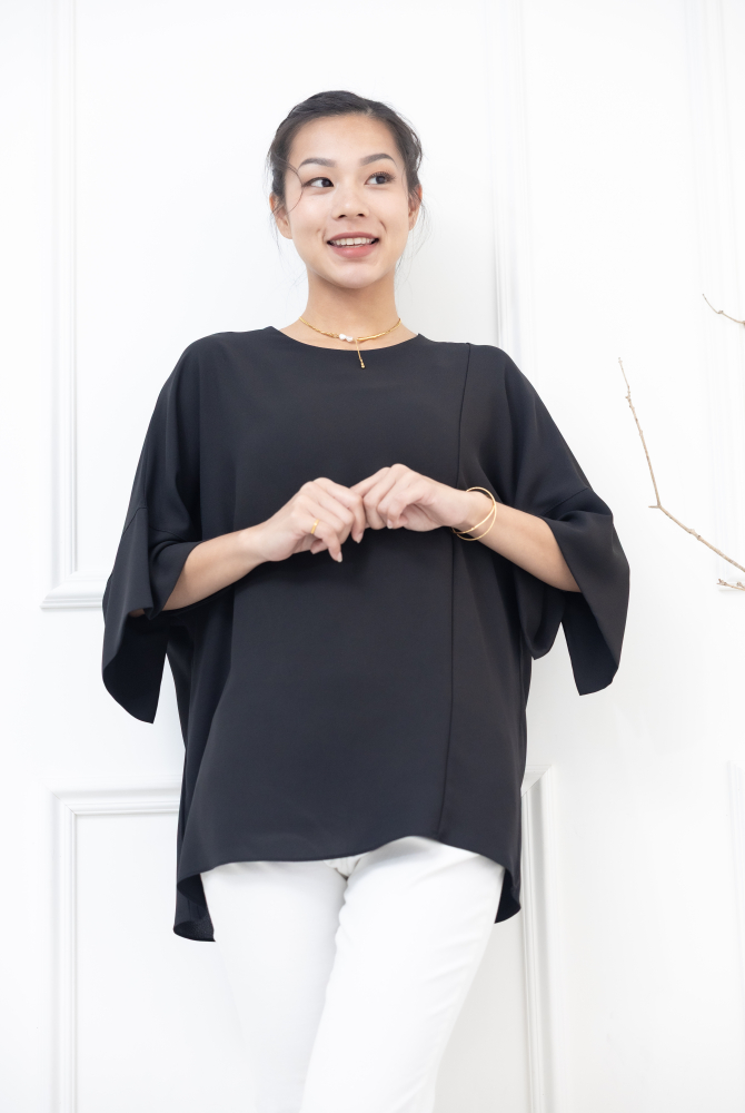 반팔 袖子開衩素色雪紡上衣 / 黑色