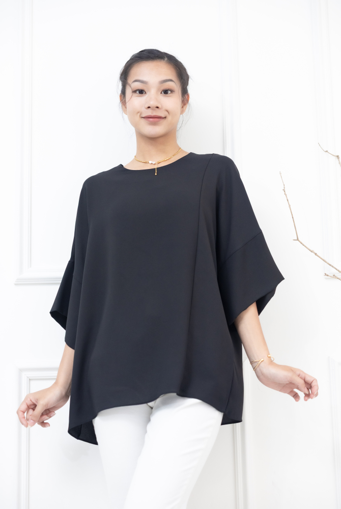 반팔 袖子開衩素色雪紡上衣 / 黑色