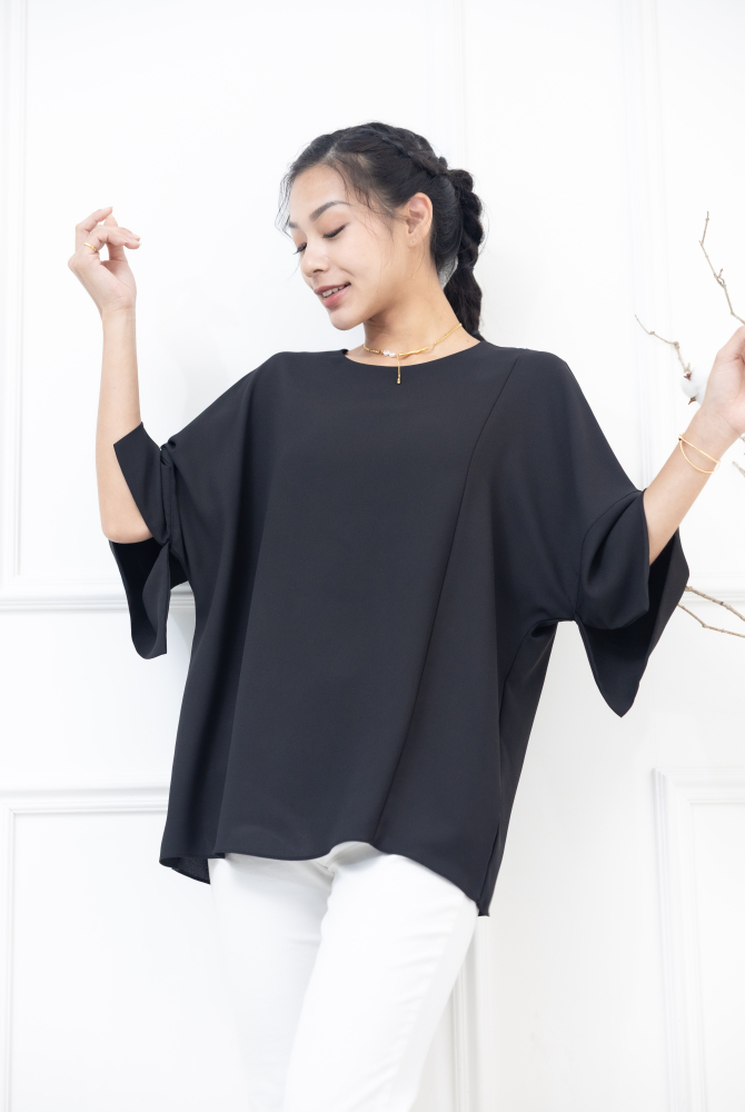 반팔 袖子開衩素色雪紡上衣 / 黑色