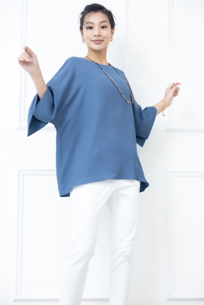 반팔 袖子開衩素色雪紡上衣 / 藍色