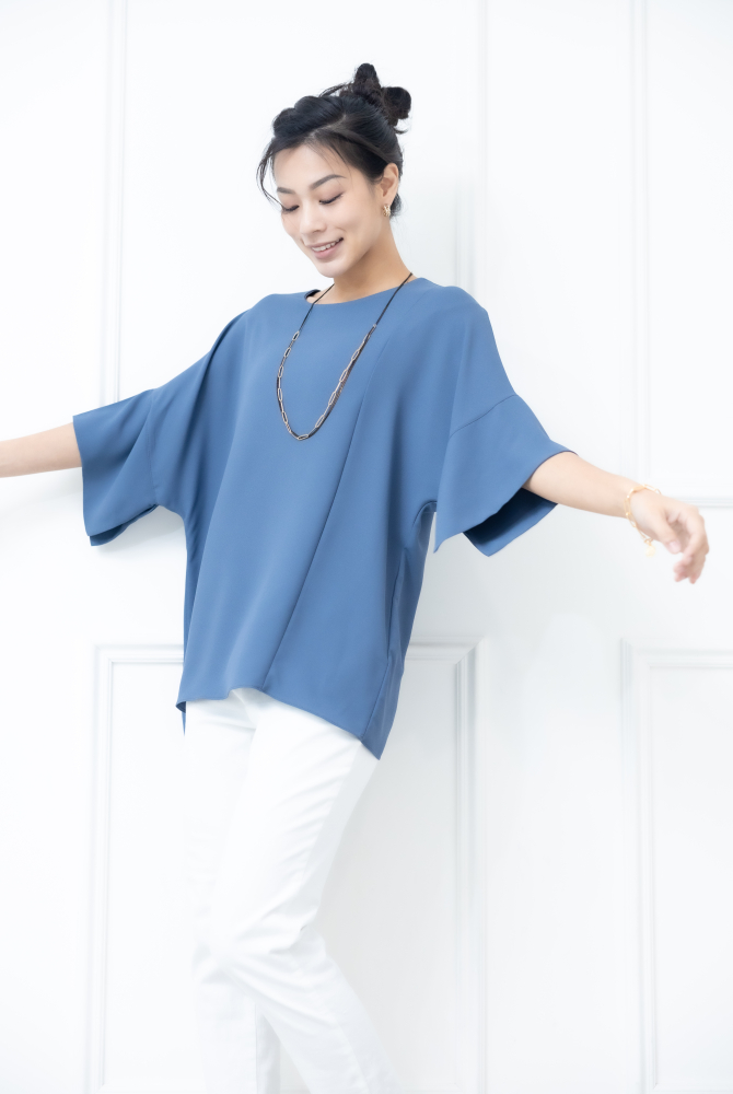 반팔 袖子開衩素色雪紡上衣 / 藍色
