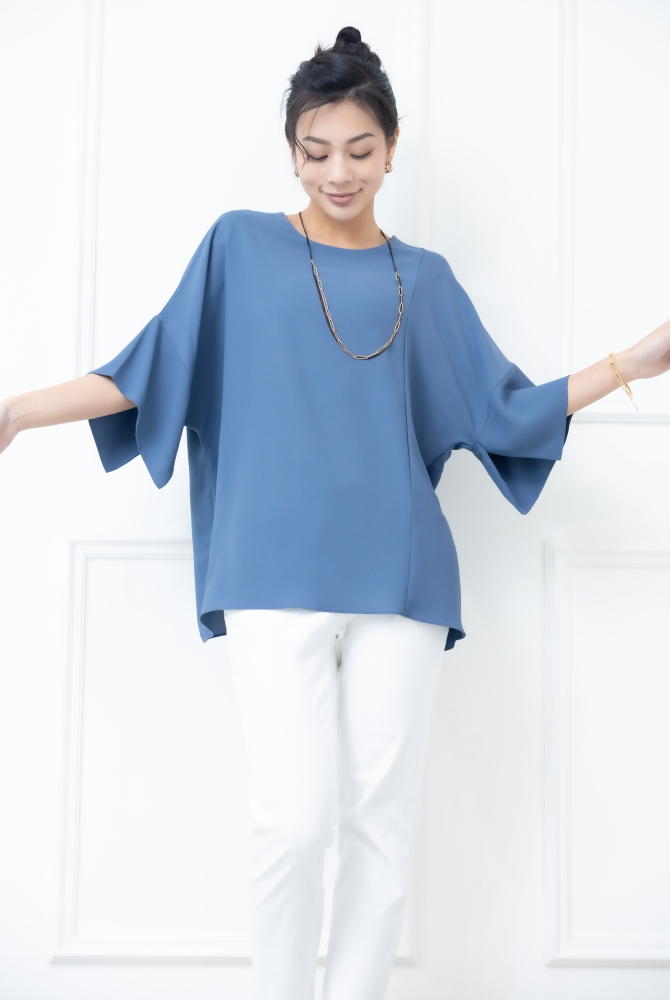 반팔 袖子開衩素色雪紡上衣 / 藍色