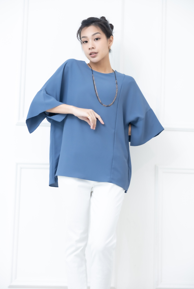 반팔 袖子開衩素色雪紡上衣 / 藍色