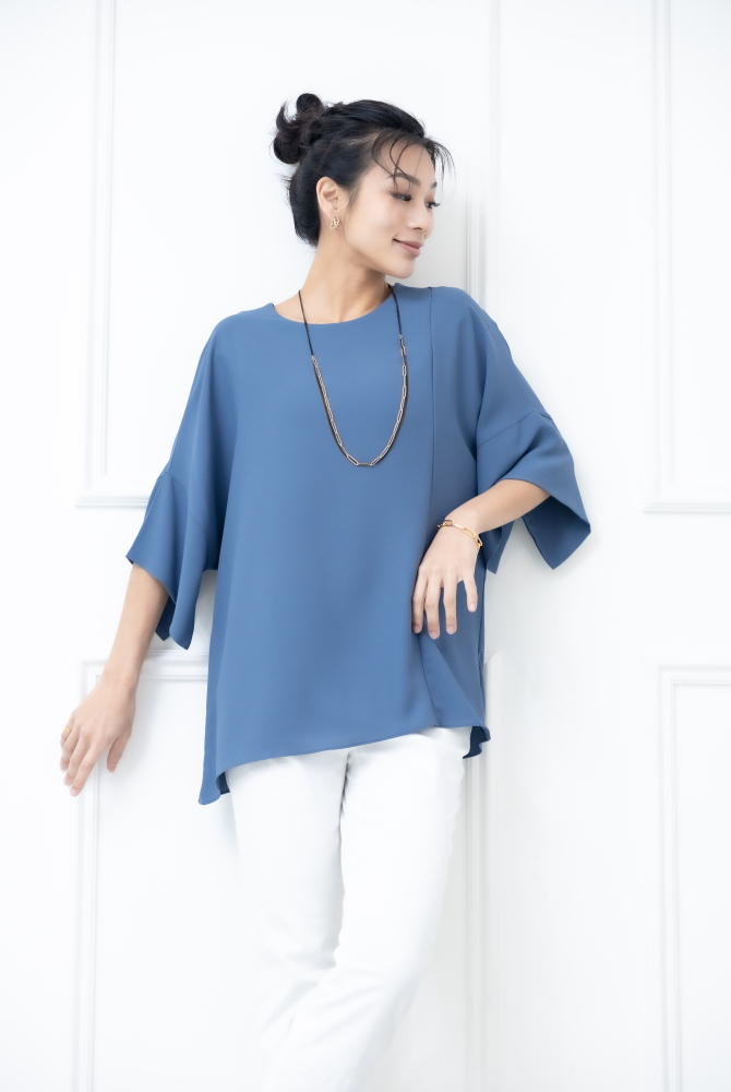 반팔 袖子開衩素色雪紡上衣 / 藍色