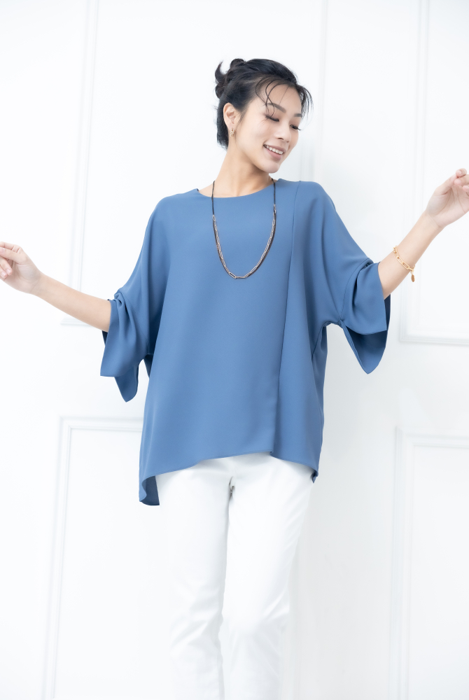 반팔 袖子開衩素色雪紡上衣 / 藍色