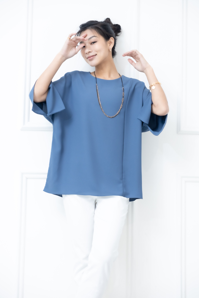 반팔 袖子開衩素色雪紡上衣 / 藍色