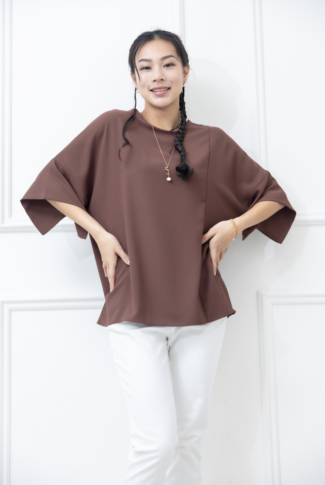 반팔 袖子開衩素色雪紡上衣 / 咖啡色