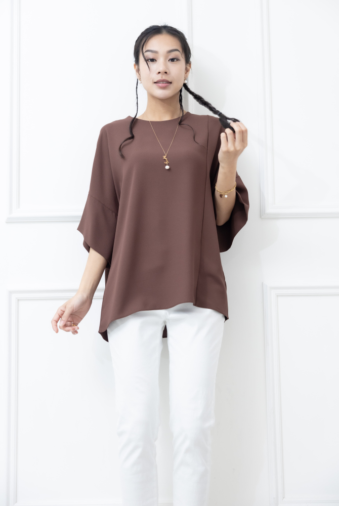 반팔 袖子開衩素色雪紡上衣 / 咖啡色