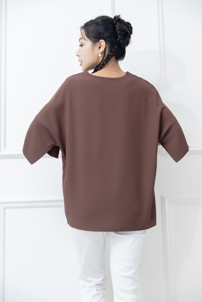 반팔 袖子開衩素色雪紡上衣 / 咖啡色