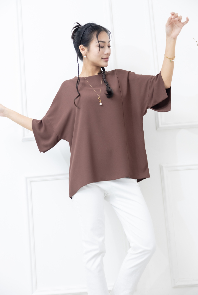 반팔 袖子開衩素色雪紡上衣 / 咖啡色