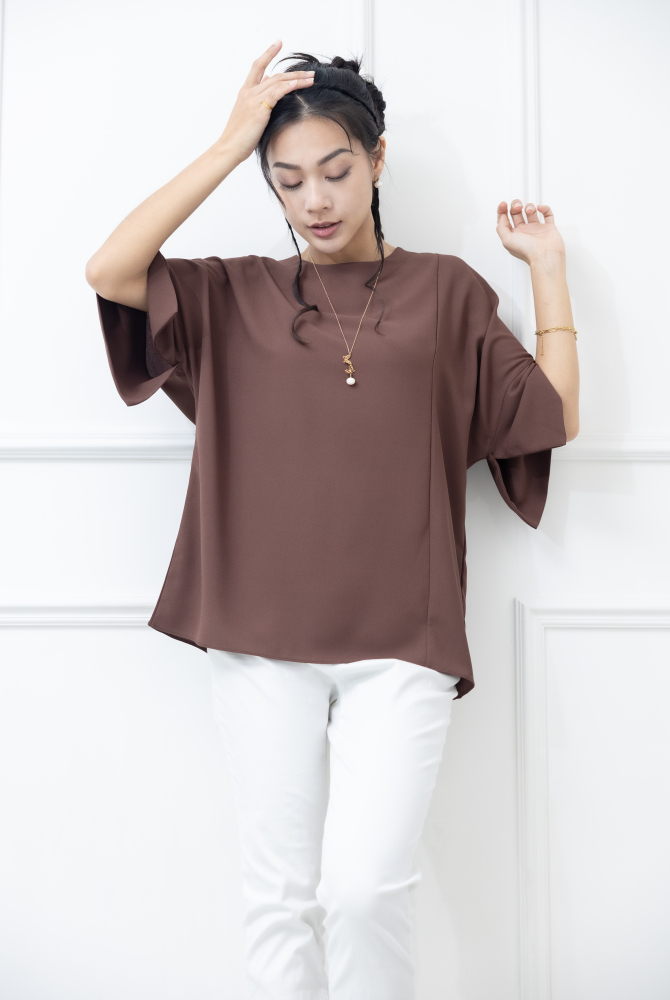 반팔 袖子開衩素色雪紡上衣 / 咖啡色