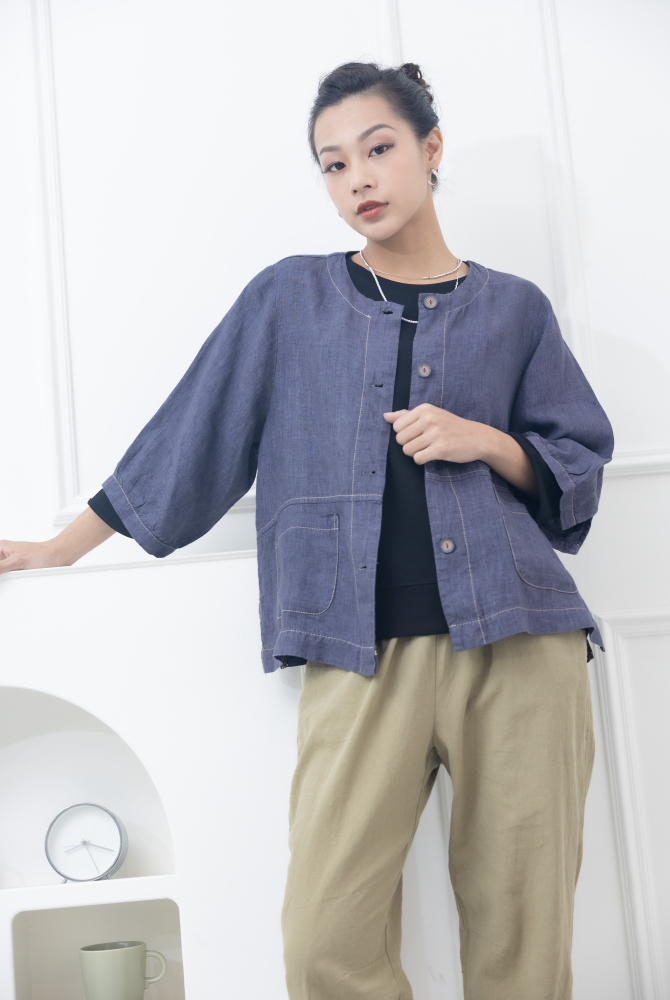 반팔 全開扣口袋短袖上衣 / 淡紫色