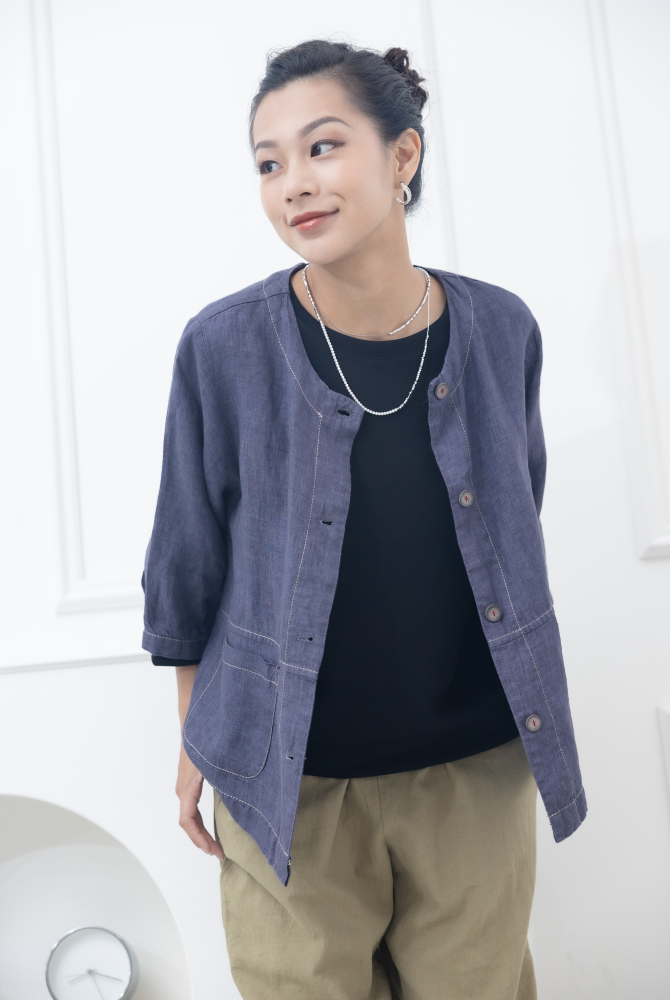 반팔 全開扣口袋短袖上衣 / 淡紫色