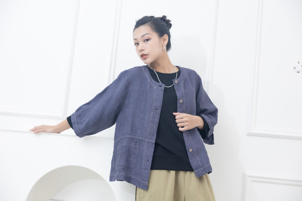 반팔 全開扣口袋短袖上衣 / 淡紫色