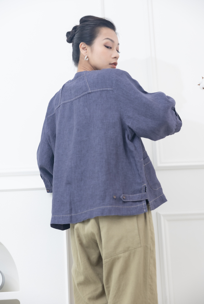 반팔 全開扣口袋短袖上衣 / 淡紫色