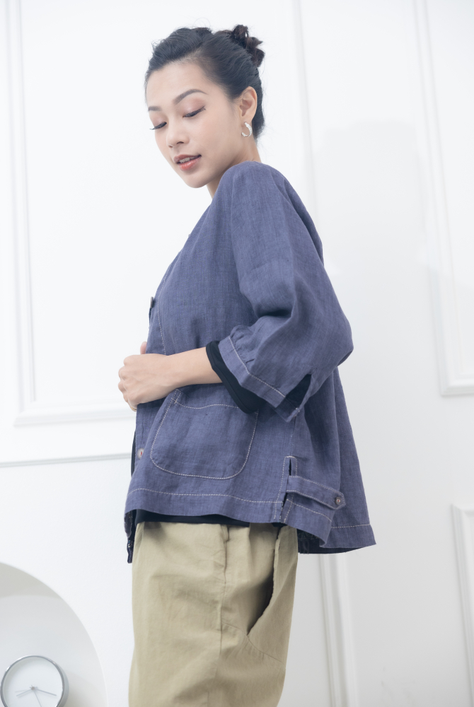 반팔 全開扣口袋短袖上衣 / 淡紫色