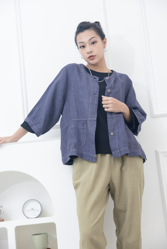 반팔 全開扣口袋短袖上衣 / 淡紫色