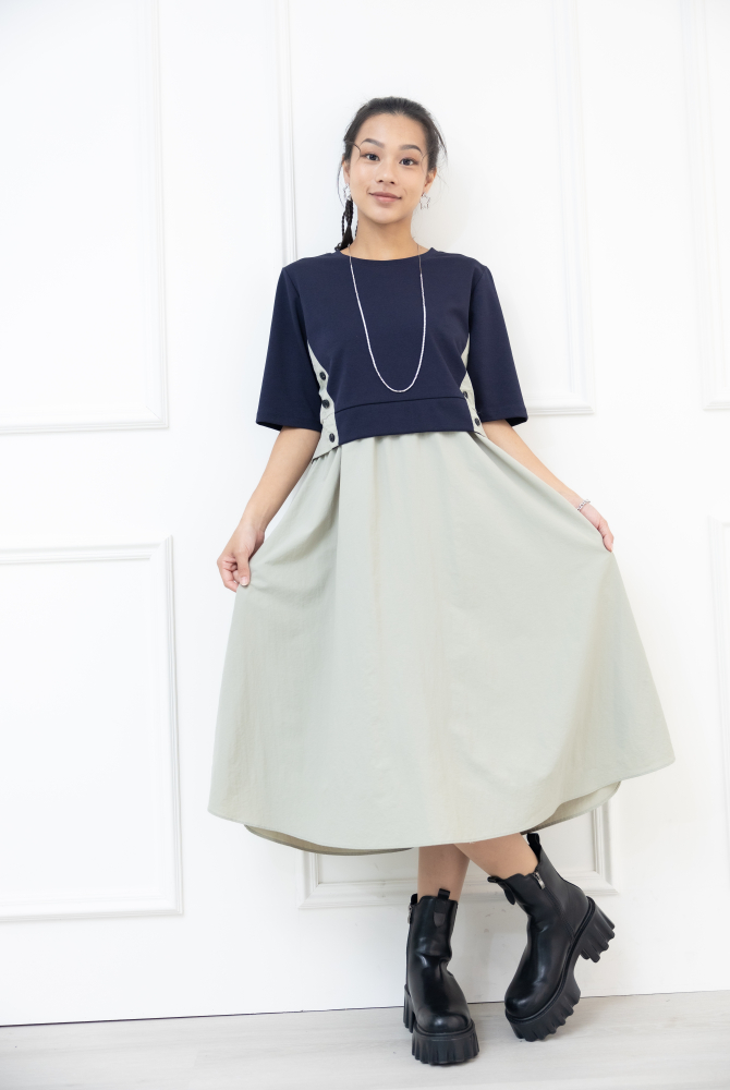 원피스 側腰鈕扣假兩件短袖洋裝 / 淺綠色拼深藍色