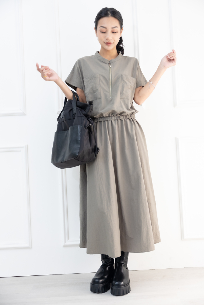 원피스 縮腰無肩線洋裝 / 軍綠色