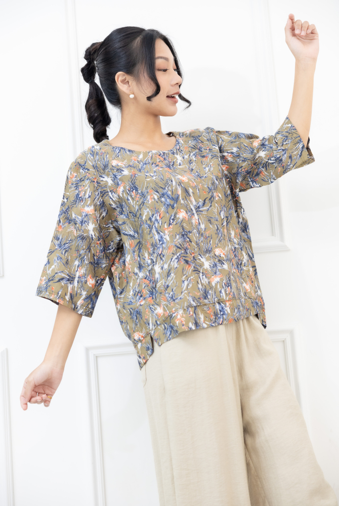 긴팔 滿版植物七分袖上衣 / 綠色