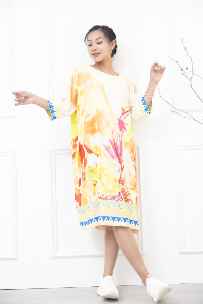 원피스 蠟筆畫藍色條紋七分袖洋裝 / 橘黃色
