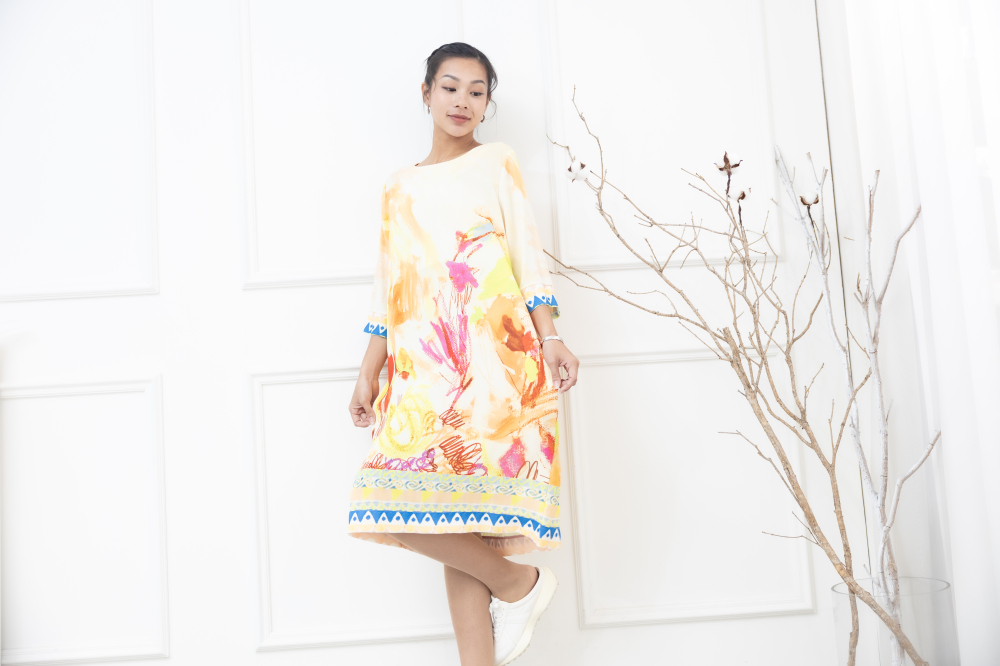 원피스 蠟筆畫藍色條紋七分袖洋裝 / 橘黃色