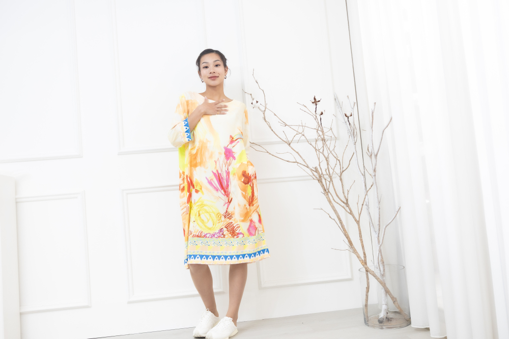 원피스 蠟筆畫藍色條紋七分袖洋裝 / 橘黃色