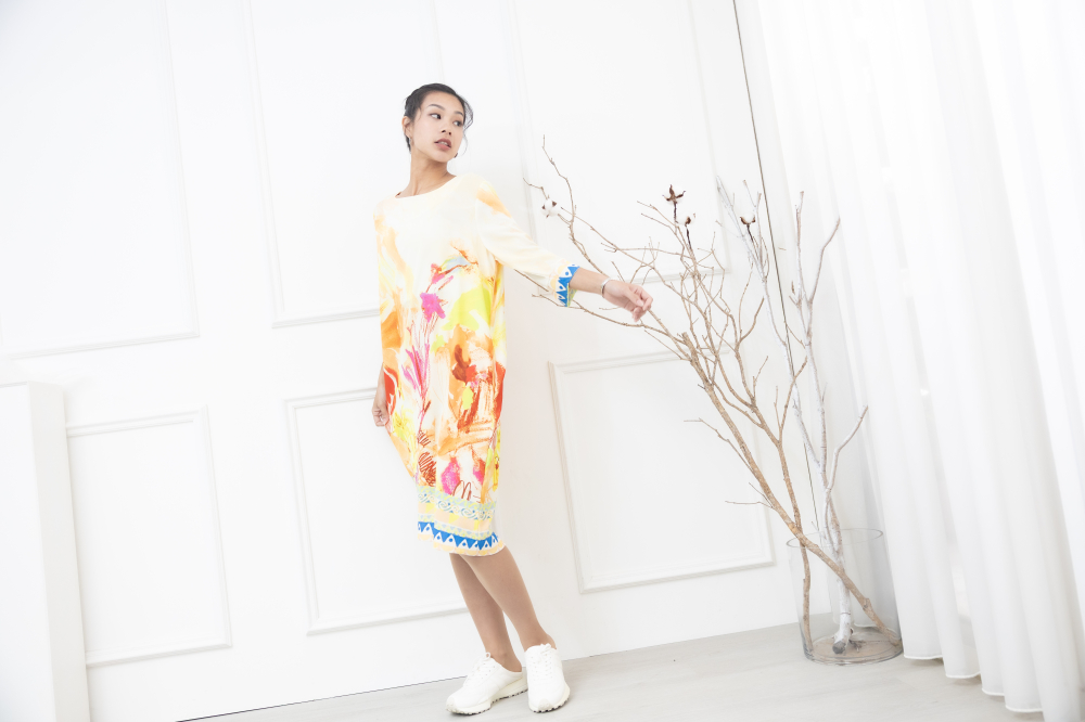 원피스 蠟筆畫藍色條紋七分袖洋裝 / 橘黃色