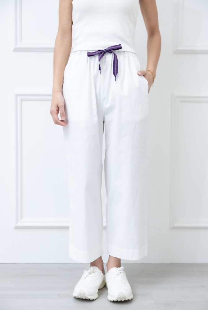 긴 바지 紫色抽繩雙口袋直筒褲 / 白色