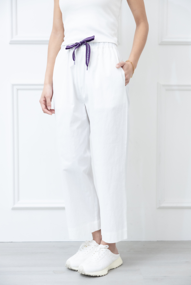 긴 바지 紫色抽繩雙口袋直筒褲 / 白色