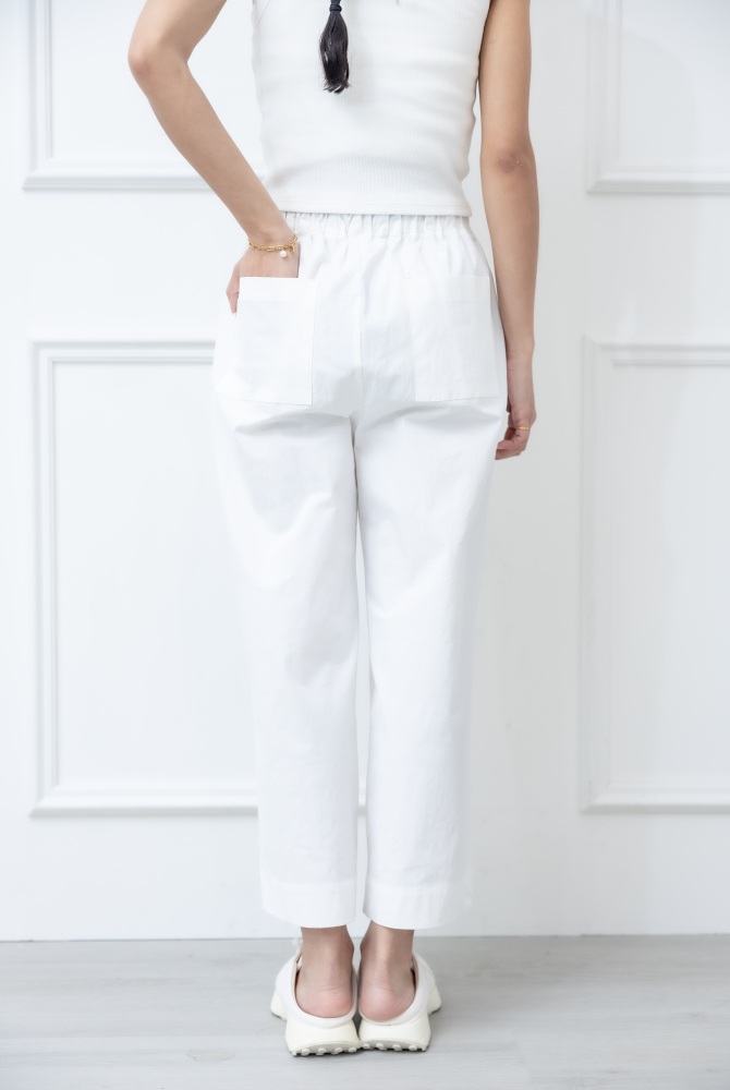 긴 바지 紫色抽繩雙口袋直筒褲 / 白色