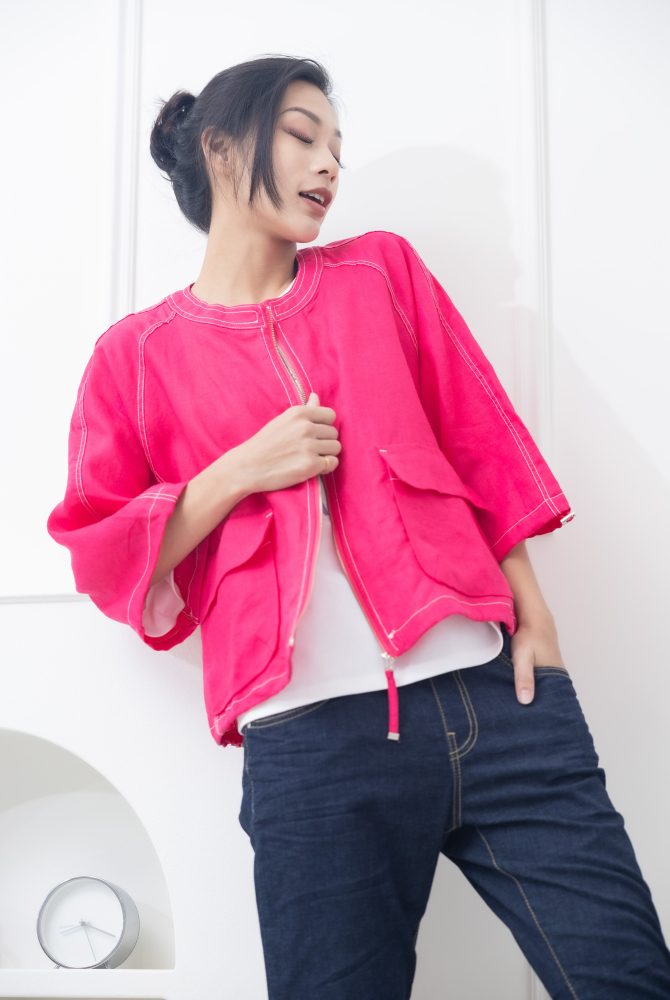 코트 中山領白色車線袖口抽繩外套 / 粉色