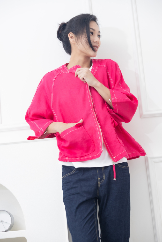 코트 中山領白色車線袖口抽繩外套 / 粉色