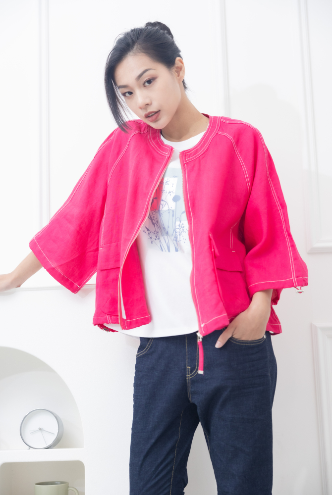 코트 中山領白色車線袖口抽繩外套 / 粉色