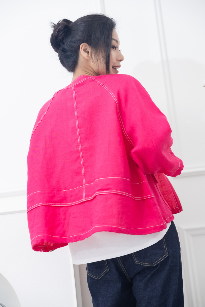 코트 中山領白色車線袖口抽繩外套 / 粉色