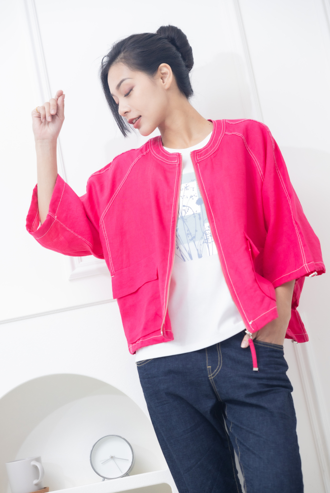 코트 中山領白色車線袖口抽繩外套 / 粉色